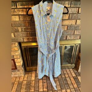 J. Crew Blue and White Striped Shirt with Yellow Floral Details